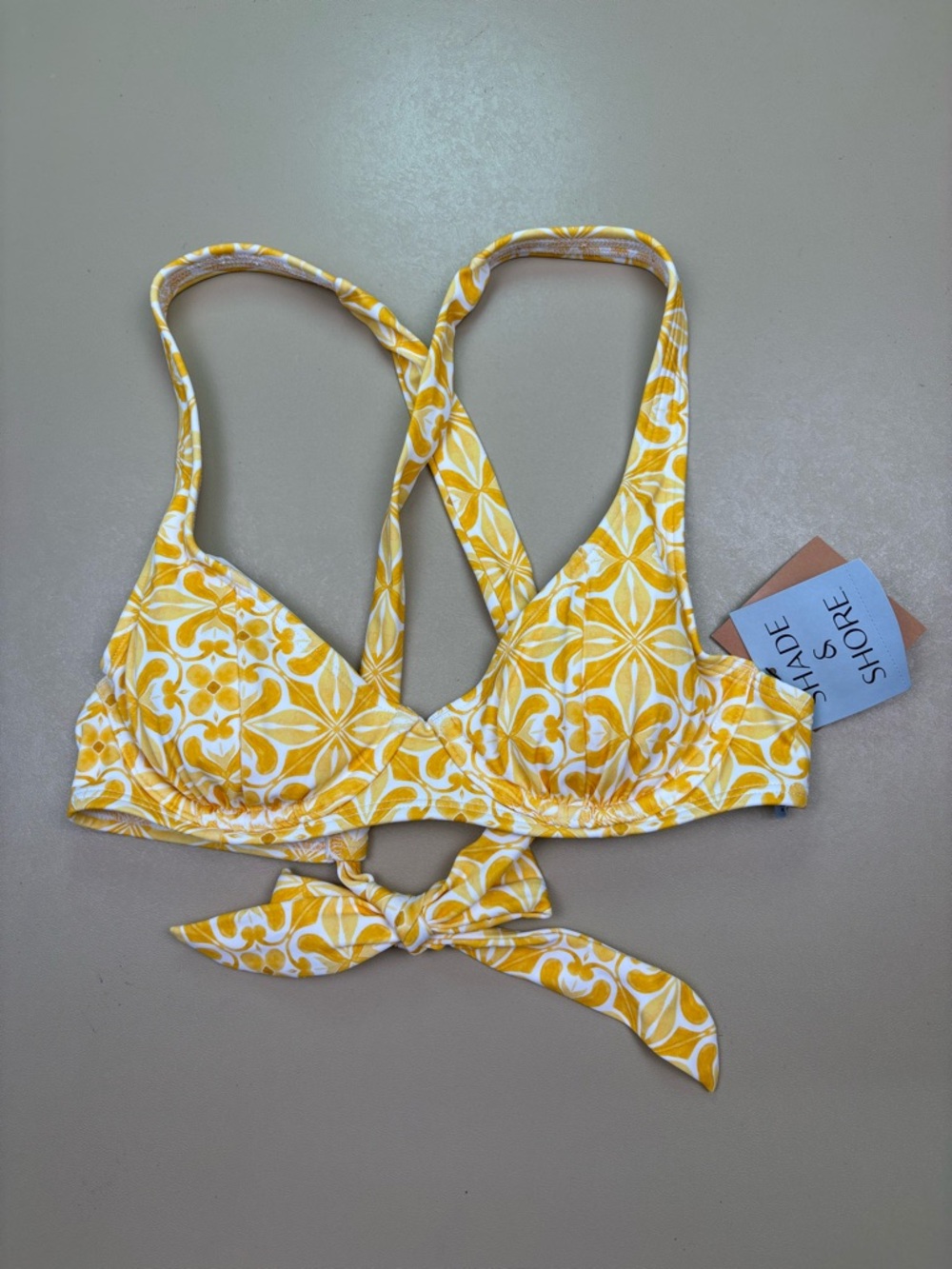 Shade Shore Bikini Top 34A Underwire Yellow Floral Tie Back NWT